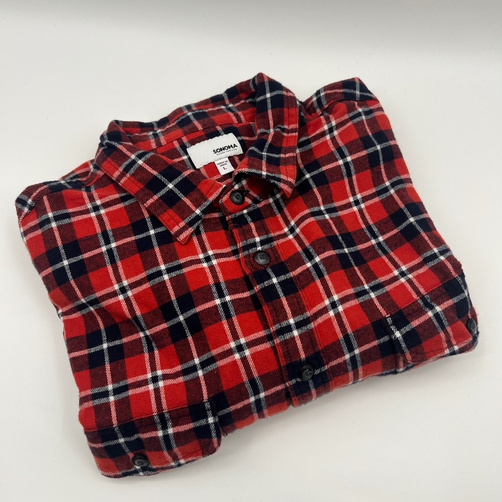 Sonoma Red Black White Plaid Flannel Shirt Men's Large‎ Button Down